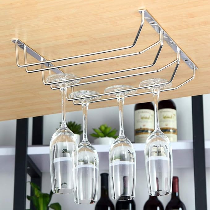 Stemware Wine Glass Hanging Rack Under Cabinet Kitchen Bar Storage Wine Glass Rack Holds up to 12-15 Wine Glass, 13.4 Inch 3 Rows, Silver