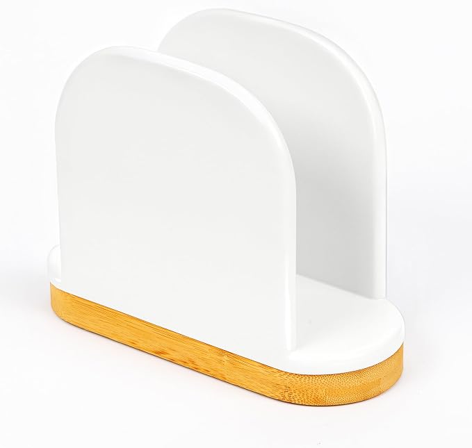 DAILY RITMO® White Standing Napkin Holder with Bamboo Bottom | Extended Weighted Base Vertical Design for Large Disposable Guest Towels & Paper Napkins | Modern Ceramic-Like Resin