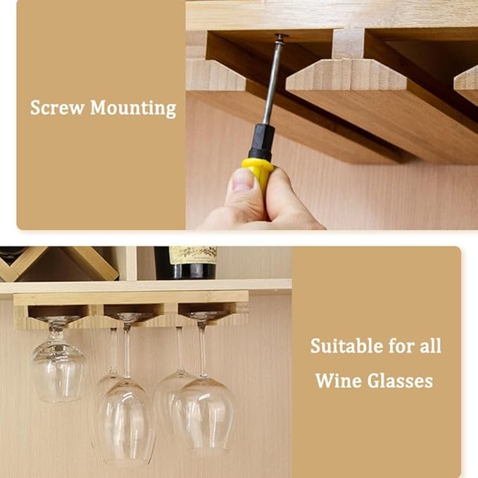 4 Sectional Under Cabinet Wood Wine Glass Rack，Hanging Shelf Stemware Rack Bar Organizer with Up to 1 Row 2 Wine Glass Storage(3 Rows)