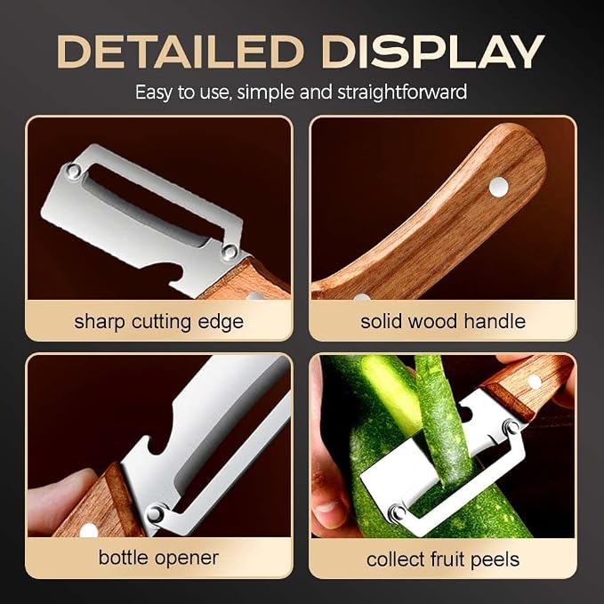 Multifunctional Stainless Steel Vegetable Peeler with Wooden Handle, Julienne Cutter & Bottle Opener for Potato, Apple, Carrot, Fruit and Veggie Prep (2PCS)