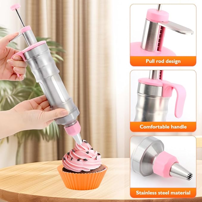 Dessert Decorating Syring-e Set,Frosting Piping Kit,Stainless Steels Cake Decora ting Kit with 6 Pipings Tips & 12 silicone cupcakes,Cupcake Decorating Kit Piping Bags and Tips Set