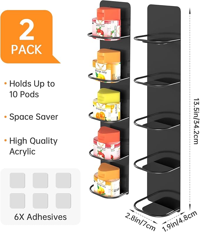 NiHome 2-Pack Metal Racks for Ninja Thirsti Drops, Easy Access Space-Saving Pod Organizer with Independent Compartments, Durable Iron Construction with Strong Nano Adhesive for Wall Mounting (Black)