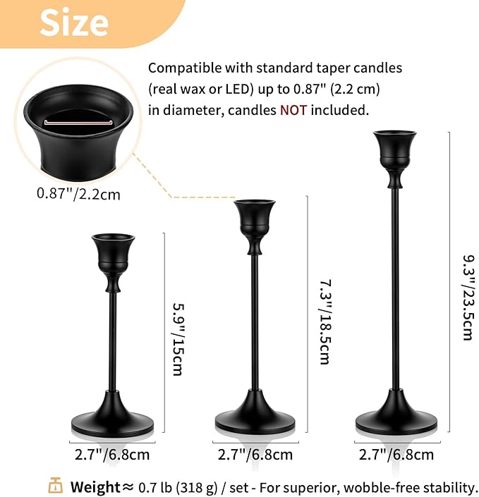 Nuptio Black Candle Holder Candlestick Holders Candle Sticks Holder Tapered Candle Holder Gothic Taper Candle Holders for Halloween Christmas Party Mantel Dinner Home Decoration 2 Sets(6 Pcs)