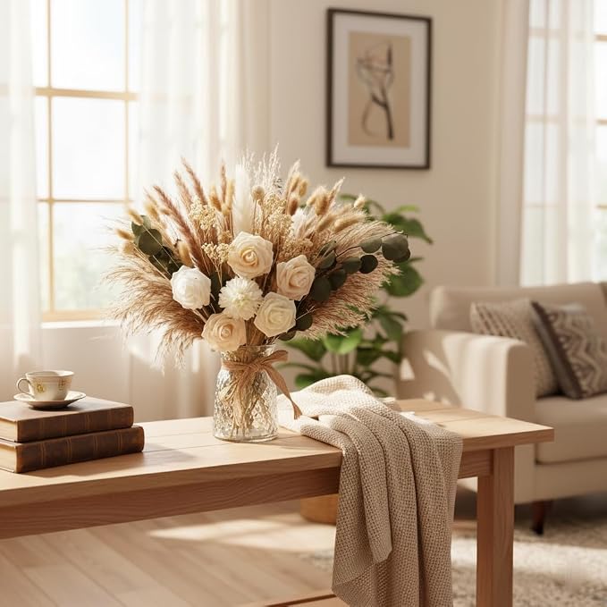 Indoor Artificial Dried Flowers with Vase for Table Top Decor,Natural Dried Pampas Grass Bouquet Faux Flowers in Vase for Wedding,Home,Kitchen,Rustic Decoration (Natural Champagne)