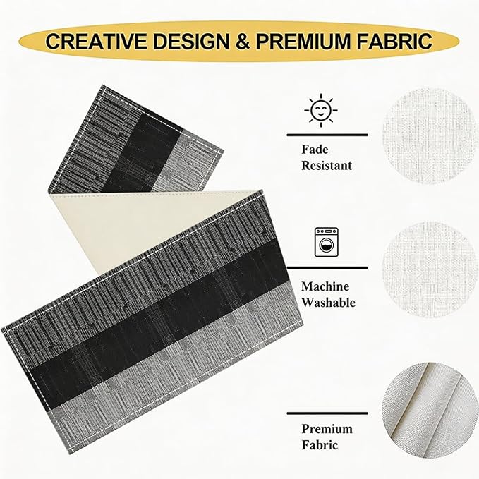 Niviy Black Grey Boho Table Runner, 12x72 Inch Washable Easy to Clean Farmhouse Indoor Outdoor Table Runner for Holiday Party Kitchen Dining Room Decoration