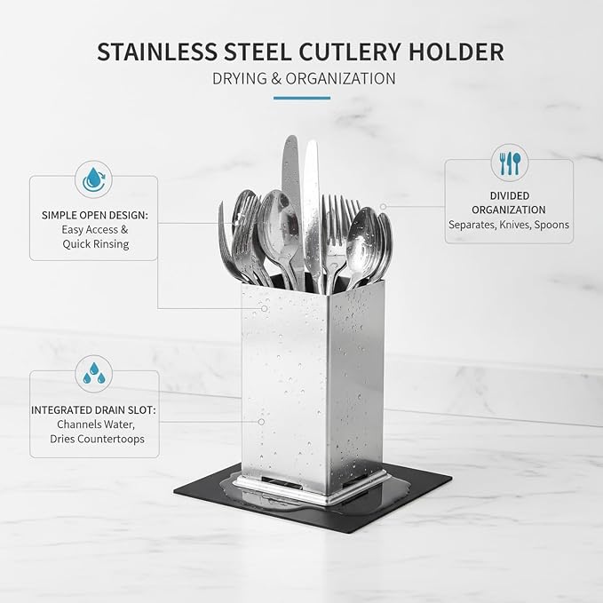 1 PC Stainless Steel Utensil Crock, Square Cutlery Holder with Drain Slots for Countertop Drying and Kitchen Organization
