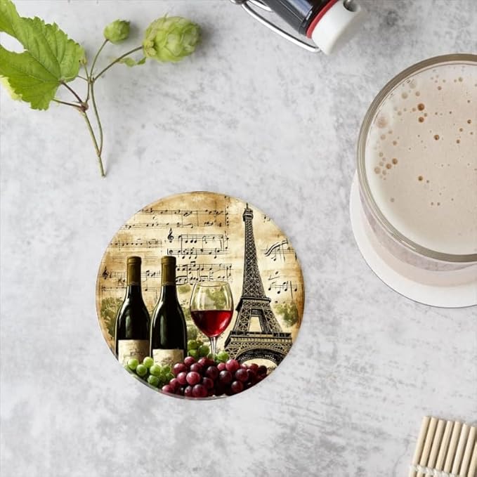 Ceramic Drink Coasters Absorbent Set of 1, Wine Grapes and Eiffel Tower Round Anti Slip Modern Cup Coasters for Desk Kitchen Office Housewarming Hostess Gifts (4 * 4 Inch)