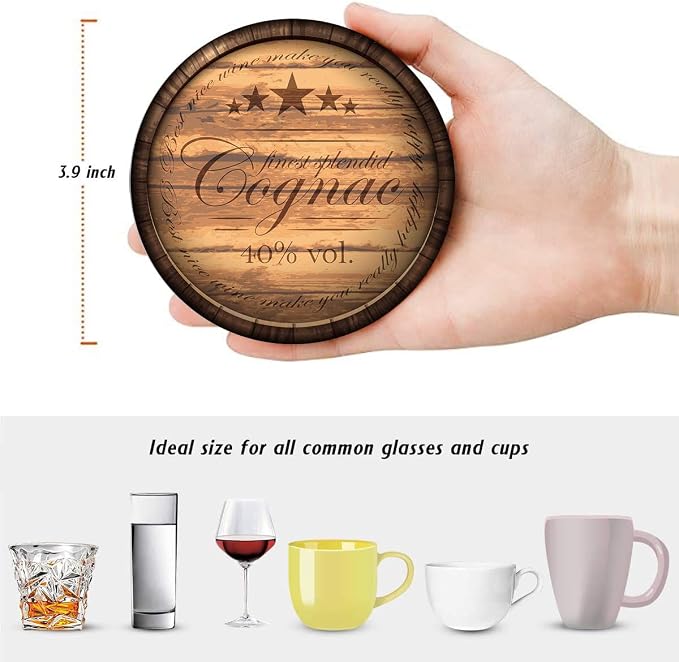 Britimes Set of 6 Coaster for Drinks Absorbent with Cork Base, Metal Holder, Wooden Texture Round Stone Drink Mat for Coffee Wood Table, Gift for Birthday, Farmhouse Housewarming Room Bar Decor