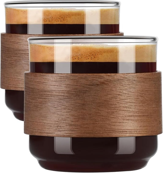 PARACITY Espresso Cups Set of 2 with Wooden Ring, 5 OZ High Borosilicate Espresso Shot Glass, Clear Small Expresso Shots Cup, Espresso Accessories