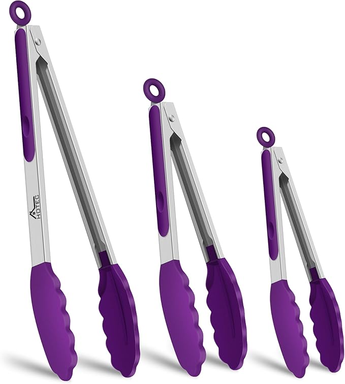 HOTEC Premium Stainless Steel Locking Kitchen Tongs with Silicon Tips, Set of 3-7", 9" and 12" (Purple)