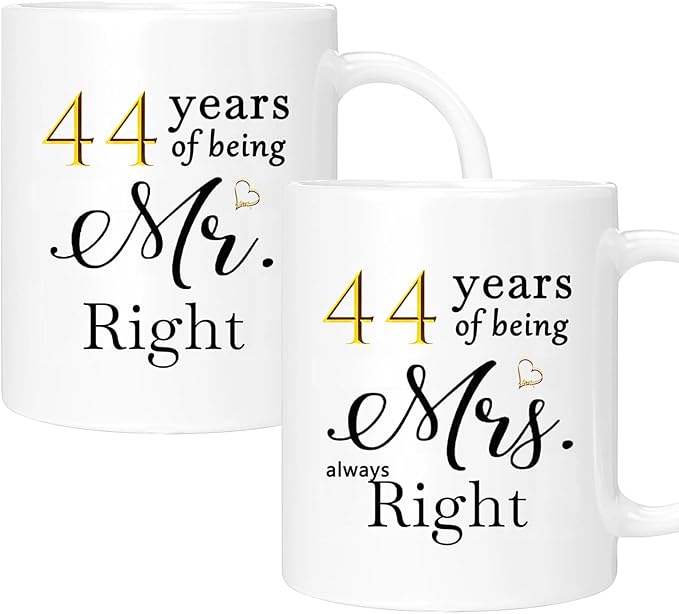 44th Anniversary Coffee Mugs Set of 2, 44 Year Anniversary Wedding Gifts Decorations for Couple Parents Grandparents Men Women Husband Wife Him Her, Gift Box Packaging, 11oz