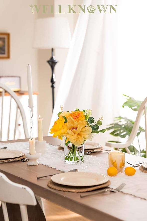 WELL KNOWN Artificial Flowers in Glass Vase with Fake Water, Silk Peony Rose Flower Bouquet for Home Dining Table, Office, Hotel, Wedding, Birthday Party, Lavatory Decor & Mom's Gift (Yellow & Orange)