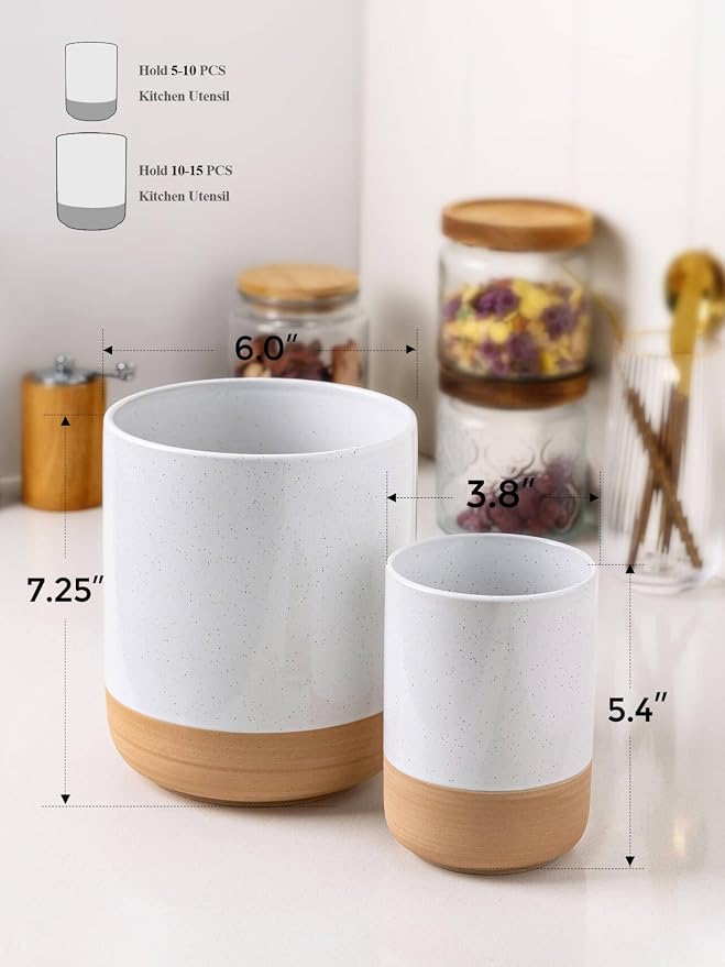 AmorArc Ceramic Utensil Holder, 7.25"+5.4" Cooking Utensil Crock for Countertop, Kitchen Countertop Organizer with Rustic Terracotta Underside for Spatula, Set of 2