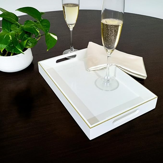 Handcrafted Wooden Serving Tray | Tray with Handle for Snacks, Tea, Kitchen, Coffee Table, Dining | High Gloss Finish with Gold Trim |12.25 x 7.75 x 1.5 inches (Egg Shell)