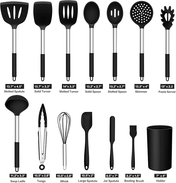 TeamFar Kitchen Utensil Set of 14, Silicone Cooking Utensil Set with Stainless Steel Handle, for Frying Serving Flipping Draining, Non-toxic & Heatproof, Nonstick & Dishwasher Safe - Black