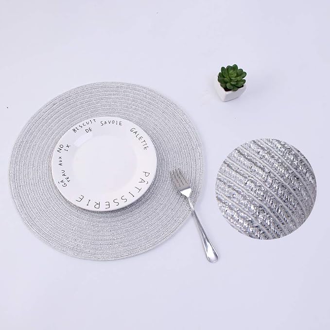 SHACOS Silver Glitter Round Placemats Set of 6 Sparkle Bling Place Mats Glitz Table Mats for Holiday Home Party Wedding Festive Table Decoration (6, Silver)