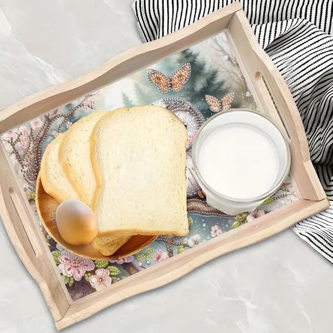DIY Diamond Serving Tray Rectangular Breakfast Tray with Handle Handmade Diamond Art Painting Wooden Tray for Dinner Plate Coffee Room Living Home Organizer-Owl02