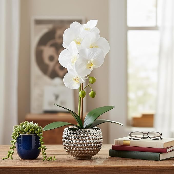 Fake Flowers with Vase, Large Orchids Artificial Flowers in Silver Pot Fake Orchid Fake Plant in Pots Artificial Flowers for Home Decor Indoor Table Centerpiece Bathroom Decoration