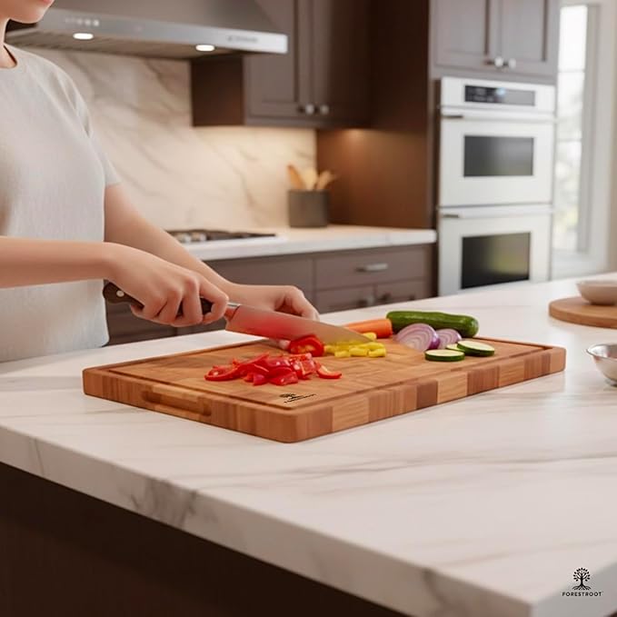 Premium Bamboo Cutting Board-15x10 Inch - End Grain Heavy Duty Cutting Board with Juice Groove, Built-In Handle & Hanging Hole, Knife-Safe Chopping Board for Meat, Vegetables & Kitchen Prep