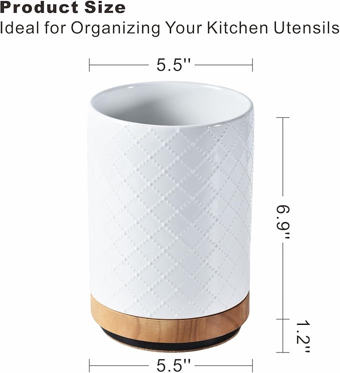 360° Rotating Kitchen Utensil Holder, 8.1" Large Utensil Crock, White Cooking Utensil Holder for Countertop with Countertop-Protection Cork Bottom for Farmhouse Kitchen Decor Christmas Gift