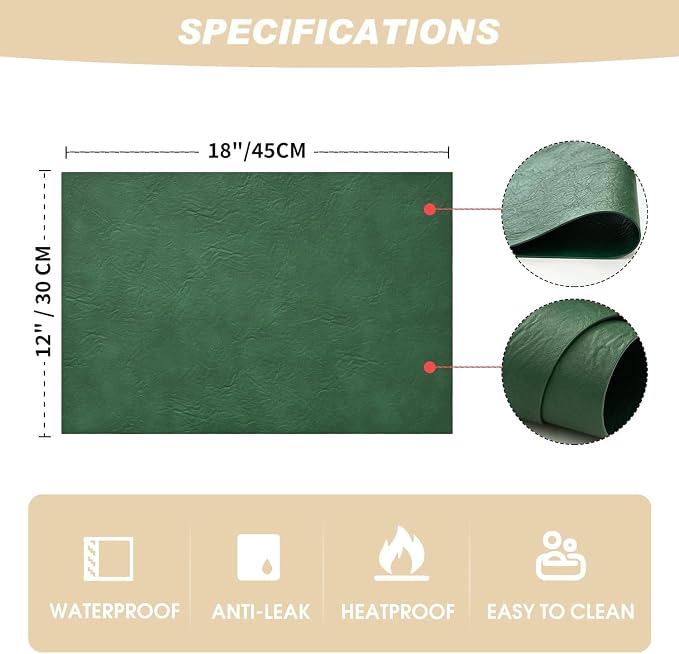 Artoid Mode Green Faux Leather Placemats Set of 8, 12x18 Inch Waterproof Wipeable Heat Resistant Vinyl Place Mats, Reversible Table Mats for Kitchen Dining Decor