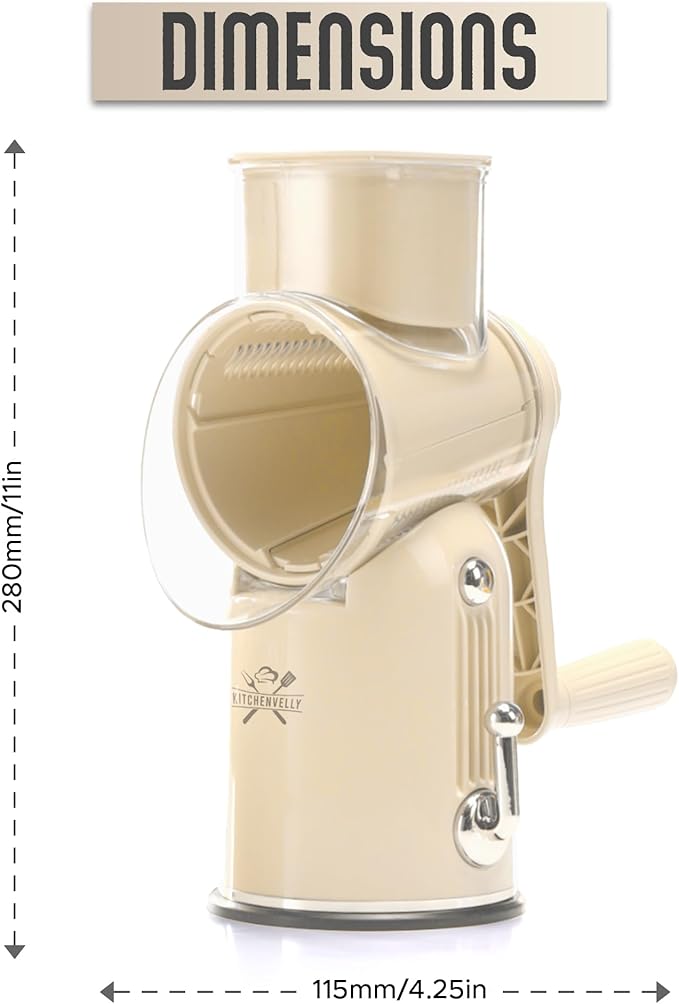 Rotary Cheese Grater Hand Crank, 5 in 1 Vegetable Slicer, Manual Cheese Shredder with Stainless Steel Blades, Food Grater for Cheese Vegetables Nuts, Suction Base, Easy Clean, Beige