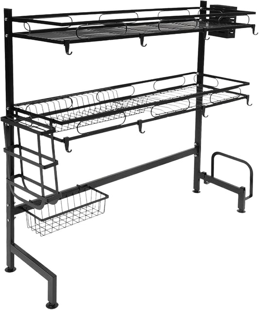Double Layer Sink Storage Rack 2-Tier Over Sink Dish Drying Rack 33.5 * 11.02 * 32.3inch for Storing Seasonings Dishes Soaps Sponges Fruits Black