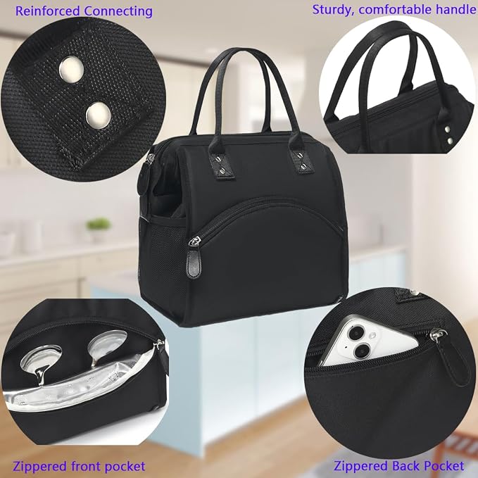 FlowFly Insulated Lunch Bag for Women, Men, Large and Reusable, Handle, Work and Travel Tote and Meal Prep Organizer, Black