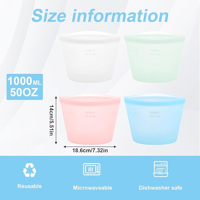 4-Pack Reusable Silicone Food Storage Bags, Stand-Up Pinch-Seal Design, BPA-Free, Microwave & Dishwasher Safe, Mixed Colors (34 oz)