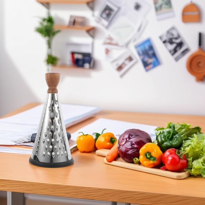 Cabilock 9.44 Inch Stainless Steel Cheese Grater with Wooden Handle Multifunctional Cone-Shaped Hand Grater for Cheese Vegetables and Fruit in Home Kitchen