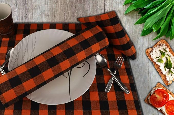 Urban Villa Halloween Placemats for Dining Table 100% Cotton Placemats 14''x20'' Over Sized Tablemats Set of 6 Placemats Orange/Black Color Buffalo Check Tablemats for Dinners Wedding PartiesPlacemats