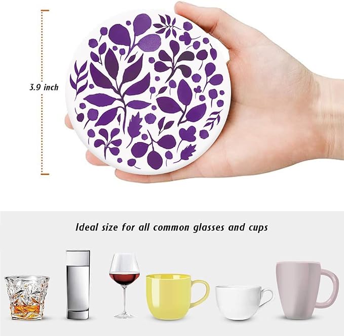 Drink Absorbent Coasters with Holder Set of 6, Ceramic Stone with Cork Base, Modern Purple Abstract Geometric Coaster for Drinks, Gift for Housewarming Room Bar Home Decor Kitchen