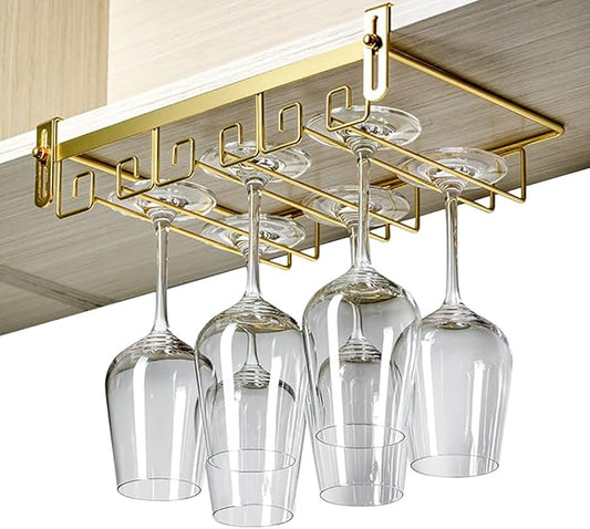 CAKERS Creative Wine Glass Holder|Under Cabinet Iron Art Stemware Rack|Hanging Wine Glass Drying Holder For Kitchen Bar Restaurant,Gold,3 Rows