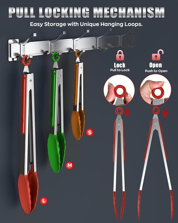 600ºF Heat Resistant Kitchen Tongs, Premium Locking Cooking Tongs with Silicone Tips, Non-Slip Food Tongs for Cooking, Non-Stick, Heavy Duty Stainless Steel Handle, Set of 3-7" 9" and 12" Multicolor