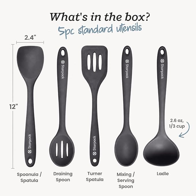Starpack Stir and Serve Silicone Cooking Utensils Set (5-Piece, 11") - LFGB Non Toxic, 600°F Heat Resistant, BPA-Free - One-Piece Seamless, Dishwasher Safe - for Nonstick Cookware, Gray Black