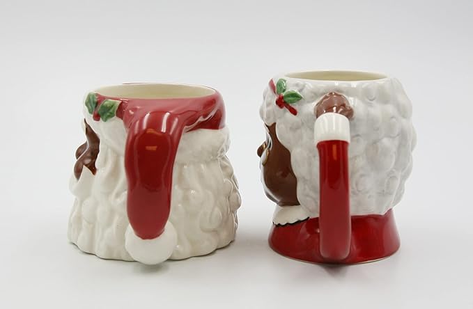 Fine Ceramic Christmas Holidays African American Mr. & Mrs. Santa Claus Mug Set of 2 (2 Pieces Set), 5-3/4'' L, Red, White, Brown, 5.75'' * 4.25'' * 4'', 5.50'' * 4'' * 4.25''