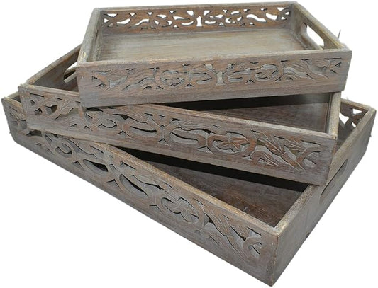 STORE INDYA Vintage Rustic Wooden Serving Trays with Handle - Set of 3 - Large, Medium and Small - Nesting Multipurpose Trays