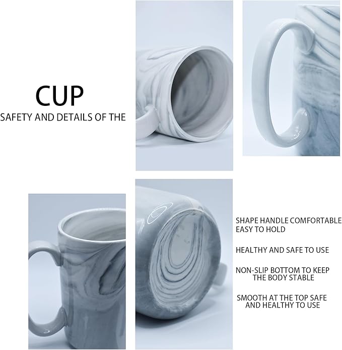 Coffee Mugs Set of 4,16 OZ Large Tea Cups, Grey Marble Ceramic with Big Handle,Bulk Marble Diner Mugs Set for Latte, Beer,Cappuccino,Microwave Dishwasher Safe Cup for Men Women Gift