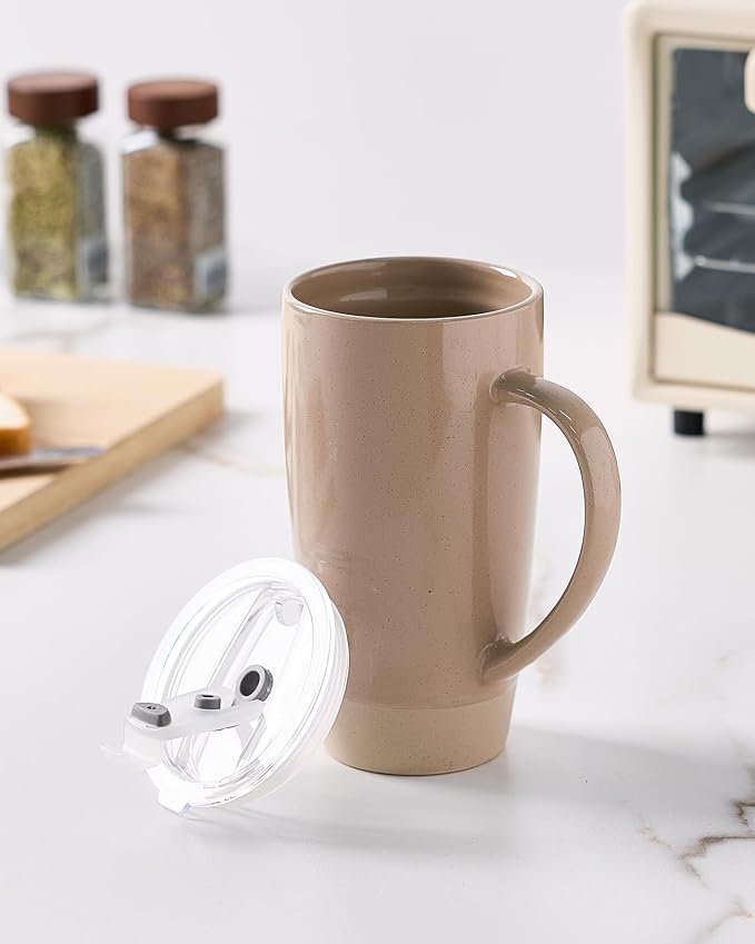 famiware Milkyway Coffee Mugs, 20oz Large Coffee Mug, Ceramic Mug Set of 2 with Lid, Cup Set with Handle for Latte, Tea, Cocoa, Milk, Home & Office, Cinnamon Brown and Light Gray