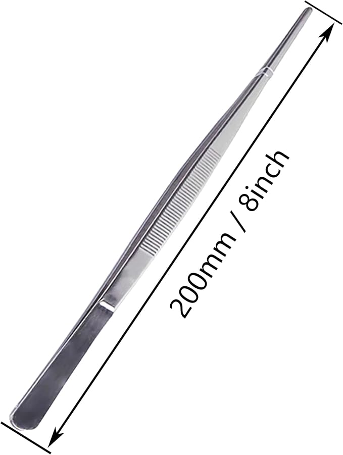 8 Inch Straight Tip Long Forceps Tweezers, Serrated Flat Tips Surgical Tongs Jewelers Needle Metal Sewing Sharp Kitchen Cooking Tweezers With Teeth Knurled Handles (1PCS-200mm)
