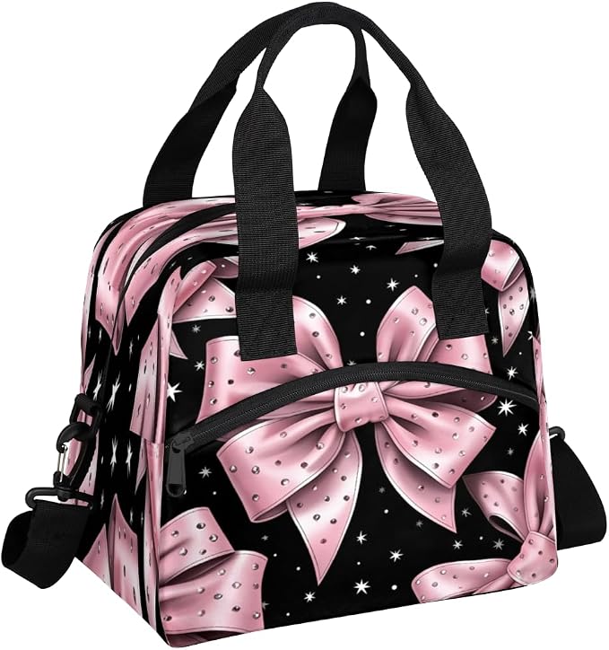 Pink Bow Pattern Insulated Lunch Bag for Women Men Reusable Lunch Box Cooler Bag Large Leakproof Lunch Tote with Adjustable Shoulder Strap for Adult Work Picnic Camping Beach Office