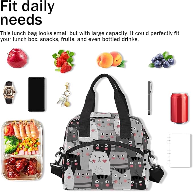 Cartoon Cat Animals Lunch Bag Women Lunch Box for Women Adult Men Reusable Cute Lunch Box Tote Cooler Bags Insulated Portable Lunch Containers for Work, Office, Travel, Picnic