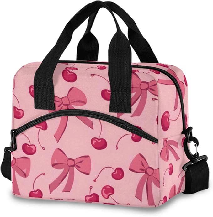 ALAZA Bow Cherry Pink Insulated Lunch Bag for Women Reusable Lunch BoxCooler Tote Bag with Shoulder Strap Men Picnic School Lunchbox