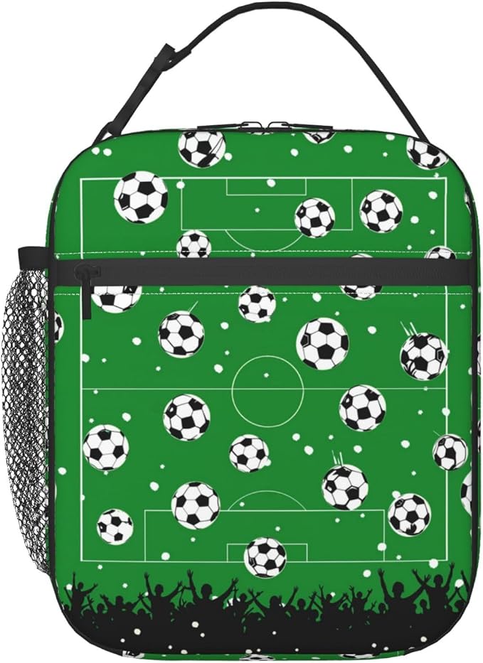 Reusable Soccer Lunch Box for Kids Girls Boys Women Adult, Insulated Sport Lunch Bag,Polyester Cooler Gaming Handbags Case for School Picnic Work Travel Beach or Hiking (Green)