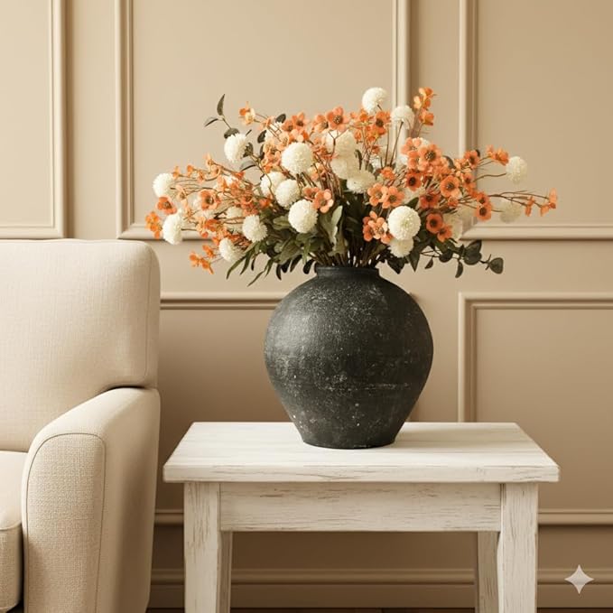 RyddeligHome Artificial White Kiku & Orange Wax Flowers, 22 Long Stems Bulk Silk Flowers for Vases, Spring Floral Stems Arrangements for Home Decor, Centerpieces for Tables, Rustic Decorations