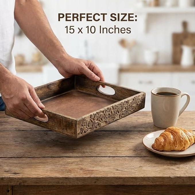 STORE INDYA Hand Crafted Vintage Wooden Rectangular Serving Tray with Handle for Breakfast, Tea, Coffee Table | Unique Gifts, Home Decor | 15 x 10 Inches