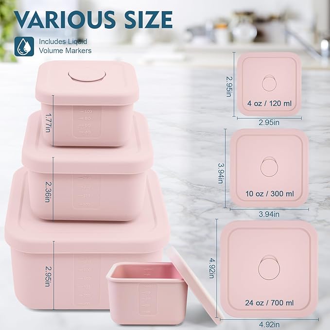 3 PCS Silicone Food Storage Containers with Lids，BPA Free Reusable Silicone Storage Containers for Food Freezer Containers Freezer Dishwasher Safe（24oz,10oz,4oz）