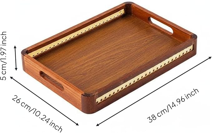 Wooden Tray with Handles Metal Handle Wooden Serving Tray Home, Grid Wooden Handle, Medium 38 26 5cm