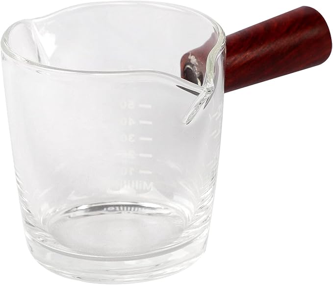 70ml Double Spouts Espresso Cup Shot Glasses Heat-Resistant Measuring Cup Mini Milk Glass Mug with Wooden Handle Clear Scale Ounce for Milk Coffee Espresso Making Heavy Glass Measuring Cup