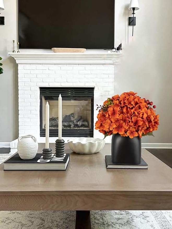 Briful Autumn Hydrangea Artificial Flowers in Black Square Ceramic Pot, Burnt Orange Silk Hydrangea Flowers Realistic Potted Fake Flowers with Berries for Home Decor Indoor Wedding Table Centerpieces